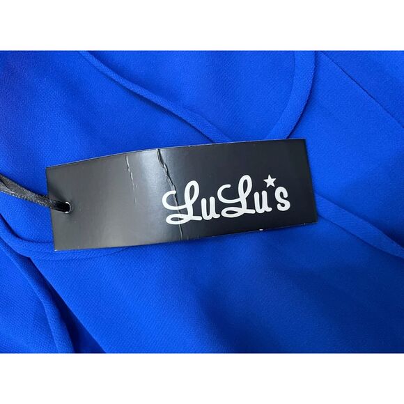 Lulus Good Deeds Women's Dress Fit & Flare Skater Mini Lace-Up Apron Neck S Blue - Picture 7 of 10